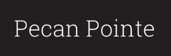 the logo for pecan pointe in white on a black background